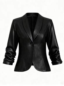 SHEIN Clasi Plus Size Women's PU Leather Casual Jacket With Buttons, Ruched Cuffs, Suitable For Commuting - Black - View 1