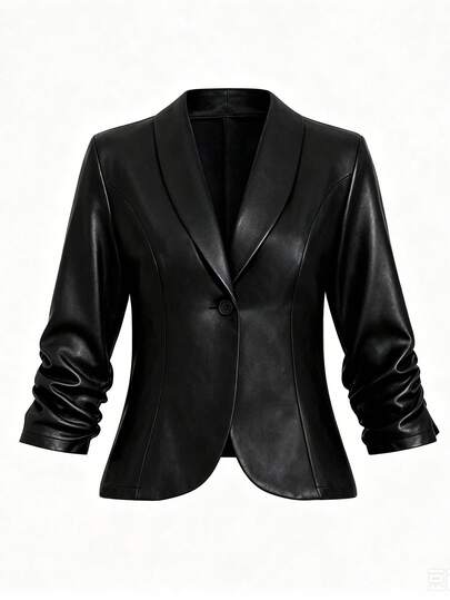 GlowEve CURVE Plus Size Women's PU Leather Casual Jacket With Buttons, Ruched Cuffs, Suitable For Commuting