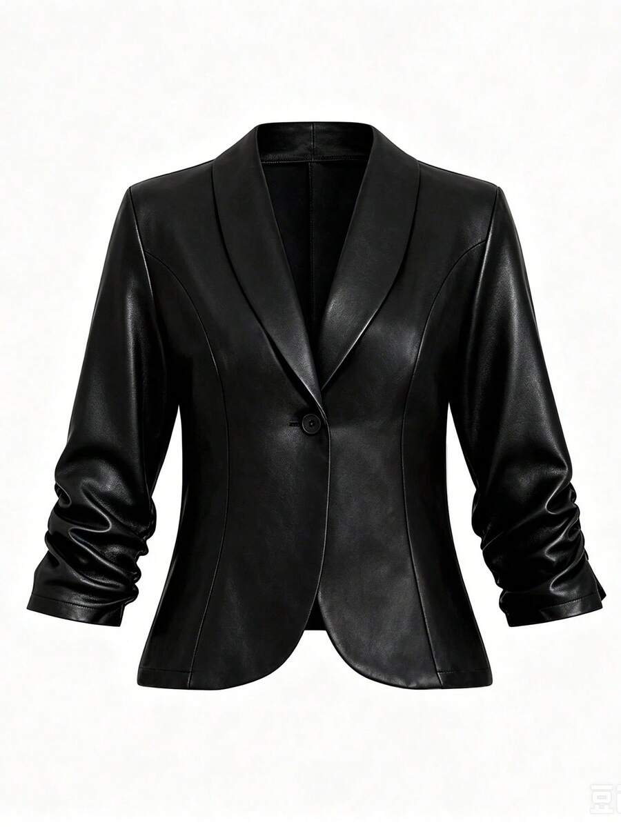 SHEIN Clasi Plus Size Women's PU Leather Casual Jacket With Buttons, Ruched Cuffs, Suitable For Commuting - Black - View 1