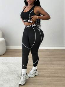 SHEIN Core Rhythm Women's Cropped Tank Top & Leggings Sports Set - Black and White - View 3