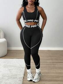 SHEIN Core Rhythm Women's Cropped Tank Top & Leggings Sports Set - Black and White - View 4