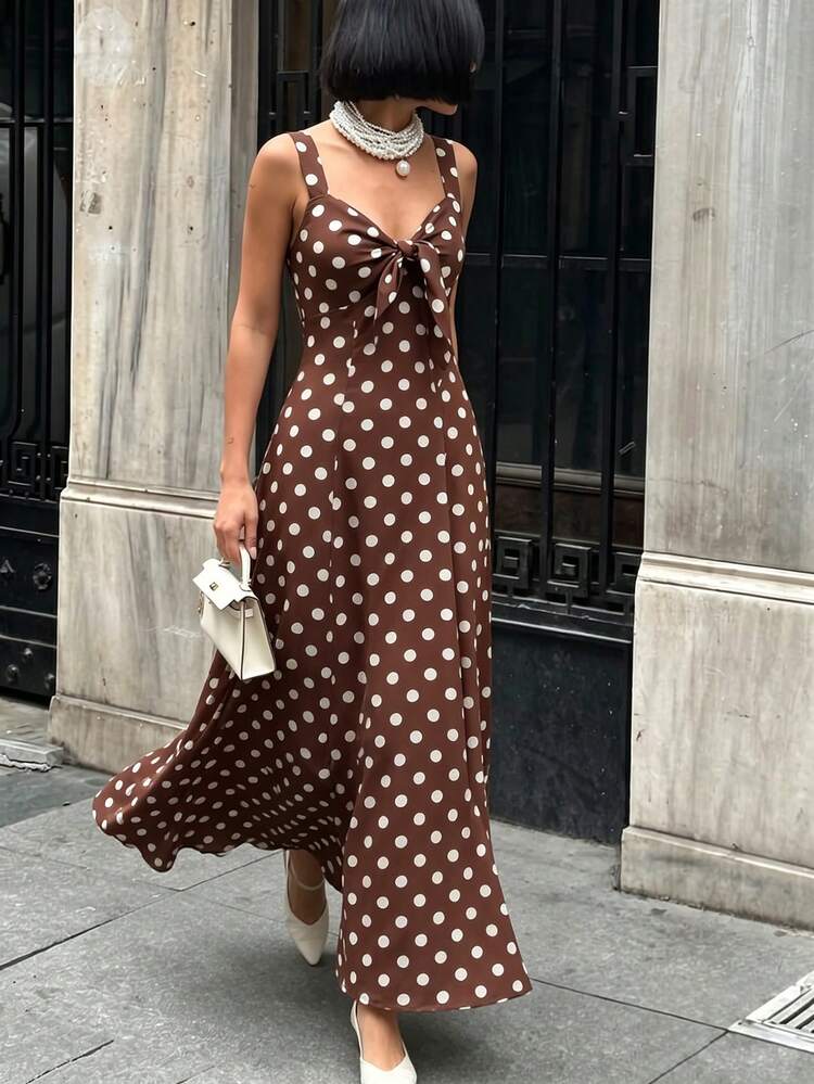 summer dresses for brunch SHEIN PariChic French Elegant Vintage Brown And White Polka Dot Tie-Waist Dress Vacation and sunset dinners EMILY Black Tulle Tiered Maternity Clothing Size:XS-US 0 Sunday brunch