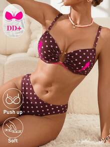 Swim DD+ 女款夏季海灘波點抓皺細肩帶比基尼三角褲兩件式泳衣套裝 - 中紫紅色 - View 3