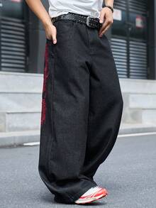 Manfinity EMRG 男士街頭風休閒刺繡黑色牛仔褲 - 黑色 - 查看 4