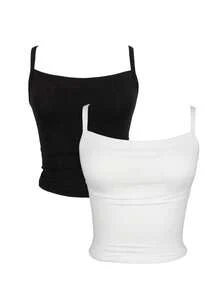 SHEIN Plus Size Women's American Style Hot Girl Knit Deep U-Neck Camisole Tank Top Casual Fitted Spaghetti Strap Top Black & White 2pcs Set - Black and White - View 1