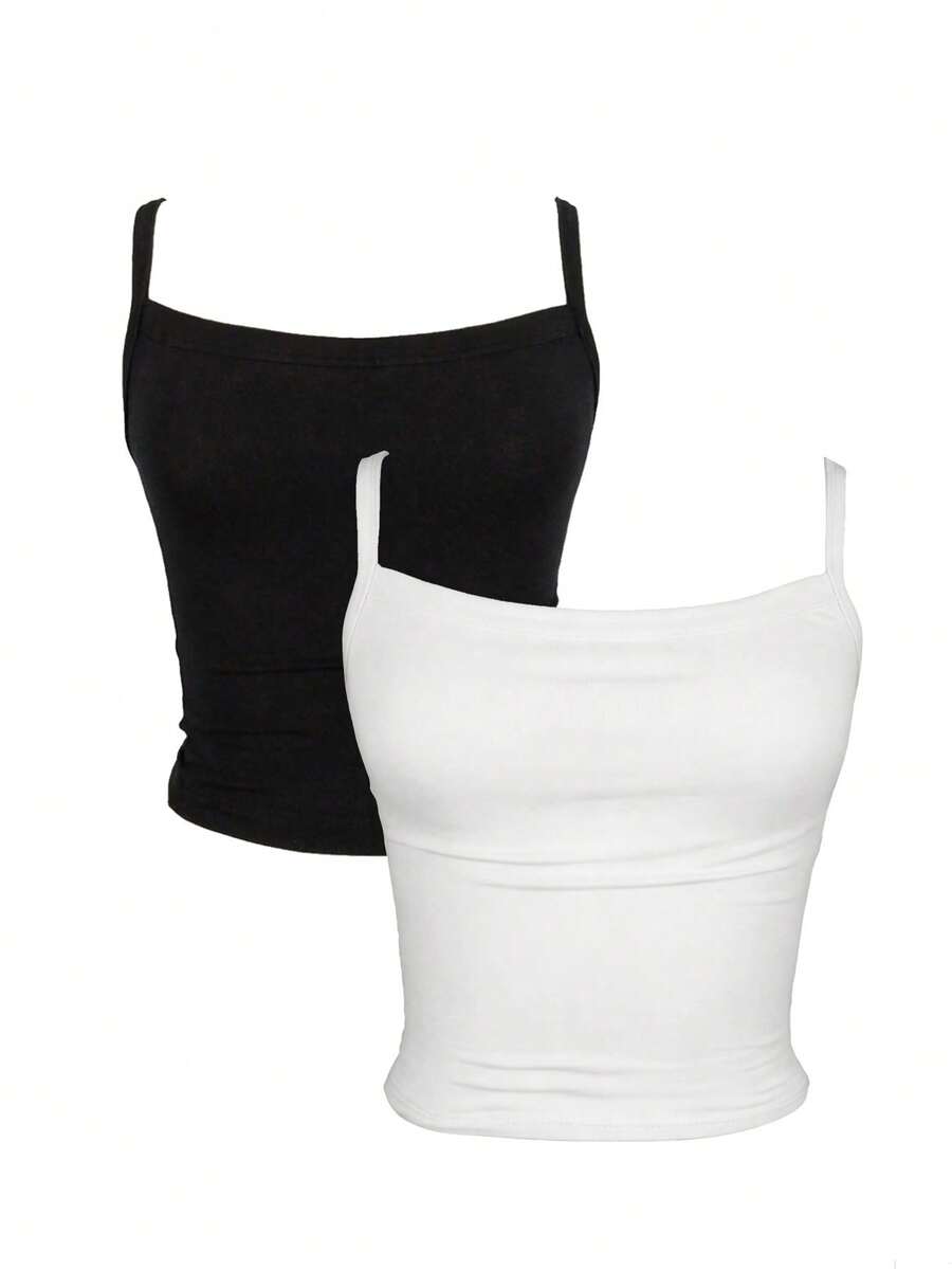 SHEIN Plus Size Women's American Style Hot Girl Knit Deep U-Neck Camisole Tank Top Casual Fitted Spaghetti Strap Top Black & White 2pcs Set - Black and White - View 1