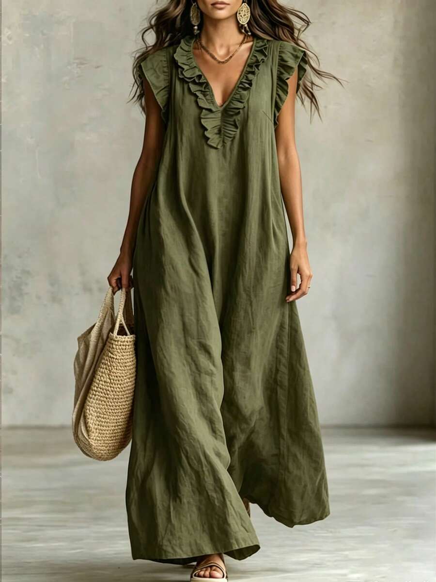 SHEIN LUNE CURVE Plus Size Woven Plain-Colored Fashionable Daily, Vacation, Commuting, Casual Summer Women's Dress - Army Green - View 1