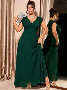 Elenzga Plus Size Women's Solid Color V-Neck Short Sleeve Pleated High Waist Dress - Dark Green - View 3