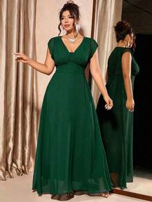 Elenzga Gaun Panjang Elegan Wanita Ukuran Besar, Leher V, Lengan Pendek, Warna Polos, Cocok untuk Pesta dan Acara Kumpul-kumpul - Dark Green - View 1