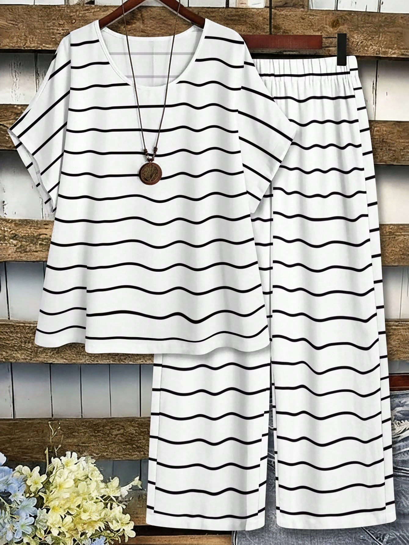 EMERY ROSE Plus Size Casual Black & White Striped Round Neck Short Sleeve Top & Long Pants 2-Piece Set, Comfortable For Summer Daily Wear — photo 4