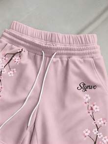 Manfinity Roghcode Pantalones cortos casuales versátiles de uso diario para hombre con cintura con cordón y estampado de letras & flores - Rosa - Ver 4