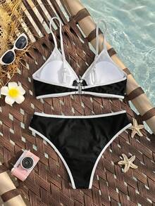 Swim Vcay Women's Summer New Black & White Contrast Ring Triangle Cup Bikini High Waist Triangle Bottom Sexy Two-Piece Swimwear For Beach, Hot Spring And Vacation - Black - View 2