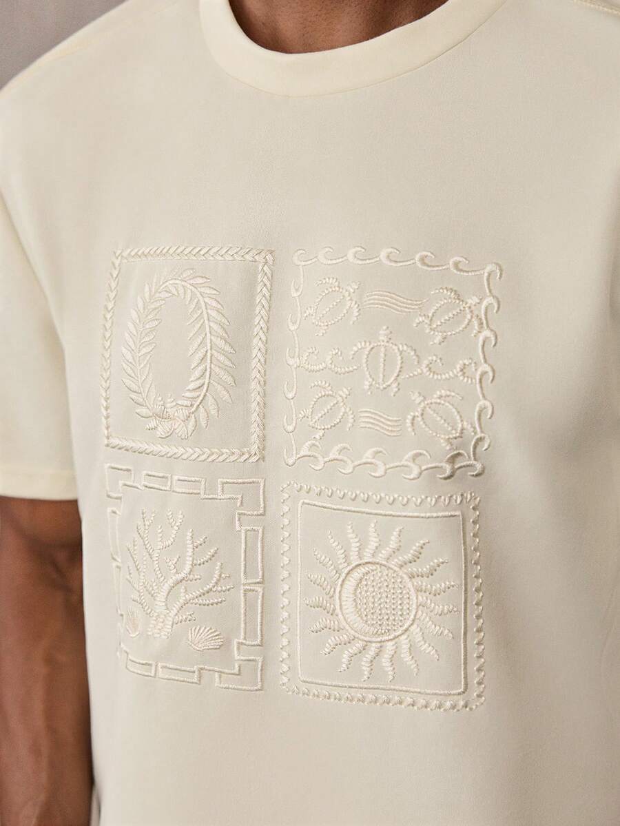 AKNOTIC Men's Fashion Versatile Short Sleeve Hollow Embroidery Round Neck T-Shirt - Apricot - View 1