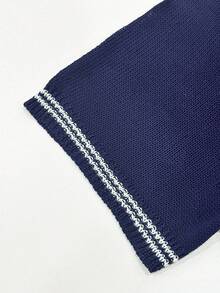 Manfinity Dauomo Atasan Rajut Lengan Pendek Leher V Bergaris Gaya Komuter Amerika, Sweater Kardigan Kasual Berkerah Saku Kancing Tunggal Bergaris Warna Kontras Bergaris dengan Gaya Komuter Amerika - Navy Blue - View 3