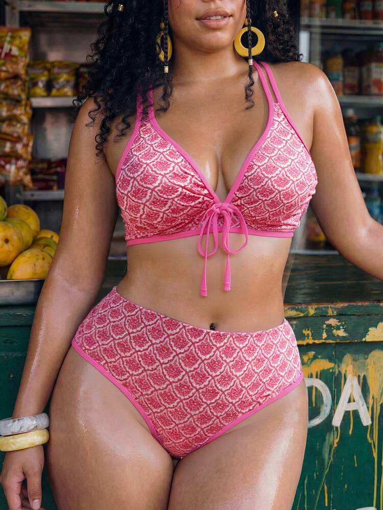 Swim Vcay Plus Size Women 2-Piece Random Geometric Square Print Vacation Daily Sexy Slimming Tummy Control High Waist Triangle Bikini Set Blue And White - Red - View 1