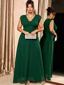 Elenzga Gaun Panjang Elegan Wanita Ukuran Besar, Leher V, Lengan Pendek, Warna Polos, Cocok untuk Pesta dan Acara Kumpul-kumpul - Dark Green - View 4