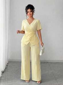 Elenzga Áo thun ngắn tay dáng rộng thanh lịch dành cho nữ mùa hè, thích hợp đi làm, phối cùng quần ống rộng. - Màu vàng - Xem 5