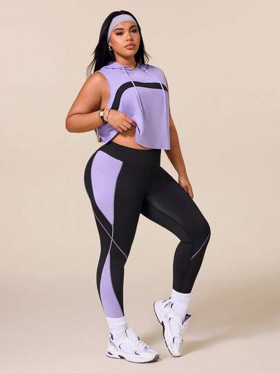 SHEIN Rhythm Era 女款運動瑜珈戶外健身運動套裝，抽繩連帽無袖寬鬆連帽衫，胸前弧形對比色設計，線條與色塊對比緊身褲