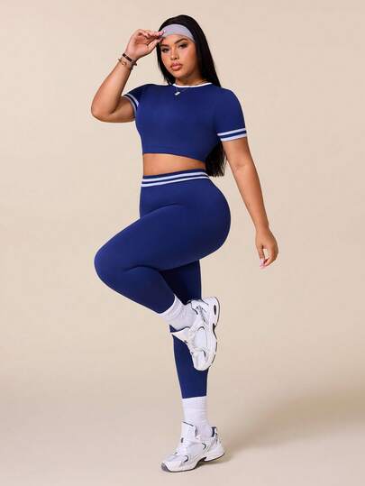 Rhythm Era Women's Plus Size Striped Short Sleeve Cropped T-Shirt And Leggings Sports Set