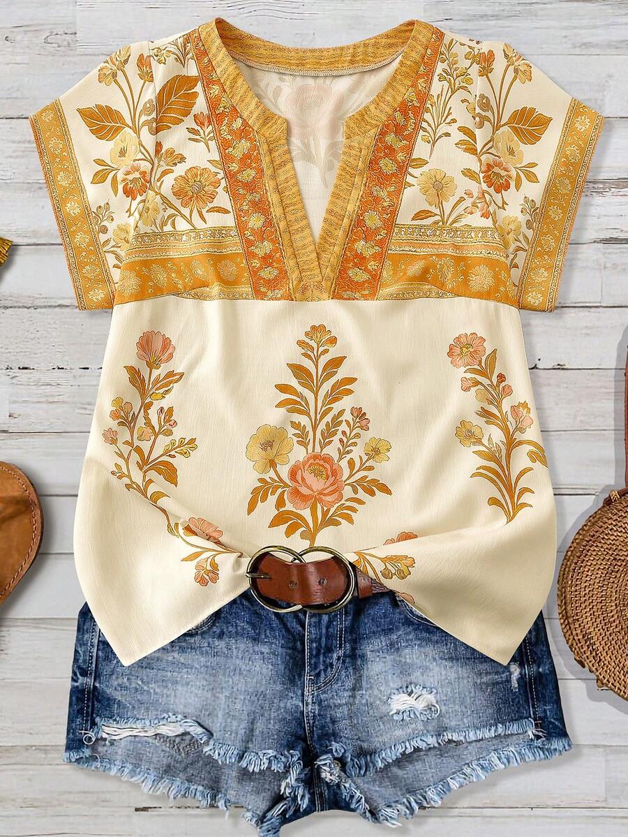Linhara Women's Plus Size Colorblock Beige Design V-Neck Cap Sleeve Retro Boho Casual Commute Vacation Top Vacation Date Daily Outing Versatile Pastoral - Yellow - View 1