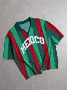 GALLERY FADE Camiseta de punto de manga corta con estampado de letras y rayas de color contrastante para hombre - Verde Oscuro - Ver 8