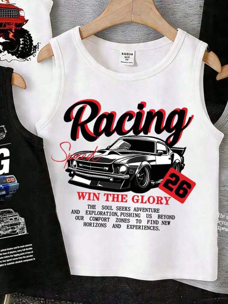 RANDOM 6 PIEZAS ENVÍO 3 PIEZAS Camiseta de tirantes casual y sencilla de cuello redondo con ajuste regular para niños preadolescentes, adecuada para el verano, con estampado gráfico clásico y elegante de coche de carreras vintage - Multicolor - Añade 3
