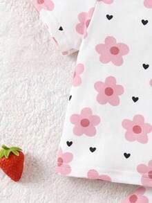SHEIN 新生女嬰可愛夏季休閒針織粉色圖案短袖居家服套裝 - 淺粉色 - 查看 8