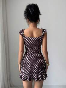 SHEIN Tall Summer Fashion Brown And White Polka Dot Print Ruffle Hem Mini Dress Night Out Club Sexy - Brown - View 2
