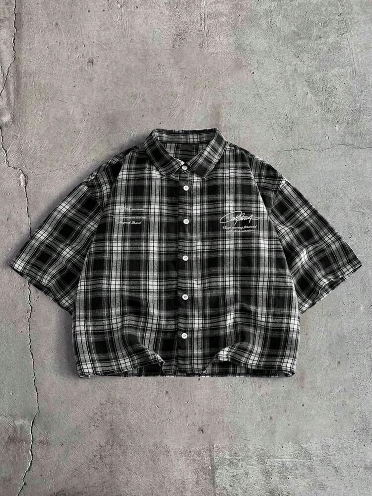 AXEPEAK Camisa casual versátil de uso diario para hombre con estampado de cuadros & letras - Negro - Añade 2
