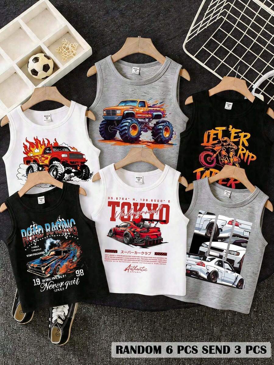 RANDOM 6 件隨機發送 3 件 青少年男孩休閒簡約圓領合身背心,適合夏季,經典帥氣復古賽車圖案印花 - 彩色 - 查看 1