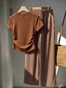 GlowEve Women's Summer Casual Gym Brown And White Polka Dot Embroidered Round Neck Short Sleeve Tight T-Shirt And Striped Print Drawstring Pants 2 Pieces Set - Multicolor - View 2