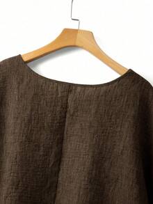 SHEIN Plus Size Women's Solid Color Round Neck Textured Casual Shirt - Brown - View 3
