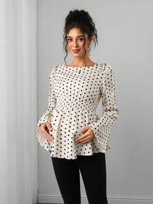 Momance Maternity Polka Dot Top, Shirred Waist, Long Sleeve , Fashionable Versatile Pregnancy, French Retro, Sweet & Spicy Style, Spring/Autumn - Multicolor - View 5