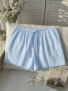 Comfortcana Plus Size Casual Loose Light Blue Drawstring Shorts, Spring/Summer Comfortable Cotton Drawstring Shorts - Baby Blue - View 8