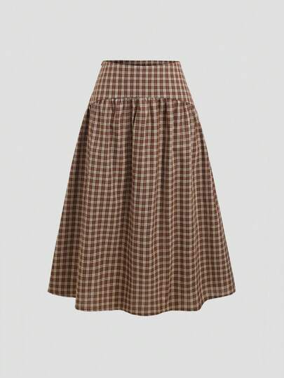 Sweetra Women's Sweet American Vintage Casual Plaid Wide Waistband Ruched Versatile Daily Commute Skirt