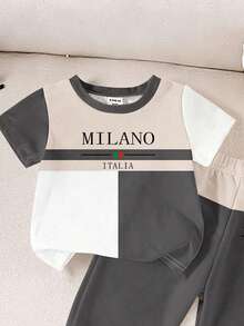2 Set Pakaian Bayi Laki-laki Musim Semi/Panas Kasual Klasik Motif Blok Warna Patchwork Huruf MILANO, ITALIA, Kaos Leher Bulat dan Celana Panjang Motif Blok Warna Senada - MultiWarna - View 4