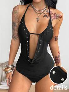Coolane Women's Deep V Neck Halter Neck Spaghetti Strap Rivet Design Sexy One-Piece Bodysuit, Suitable For Casual, Vacation, Party - Black - View 5