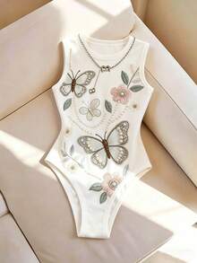 SHEIN Franclia Minimalistischer taillierter Rundhals-Bodysuit mit aufgedruckter Stickerei-Optik, tailliert, ärmelos, geeignet für Büro, Lässig und Urlaub - Weiss - Übersicht 3