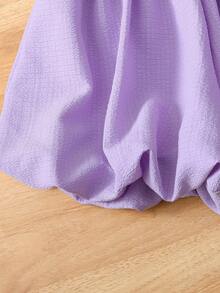 SHEIN Genkimix Kids 2件組少女 3D蝴蝶結裝飾休閒時尚彼得潘領無袖上衣 + 休閒時尚純色鬱金香短褲 - 紫色 - 查看 7