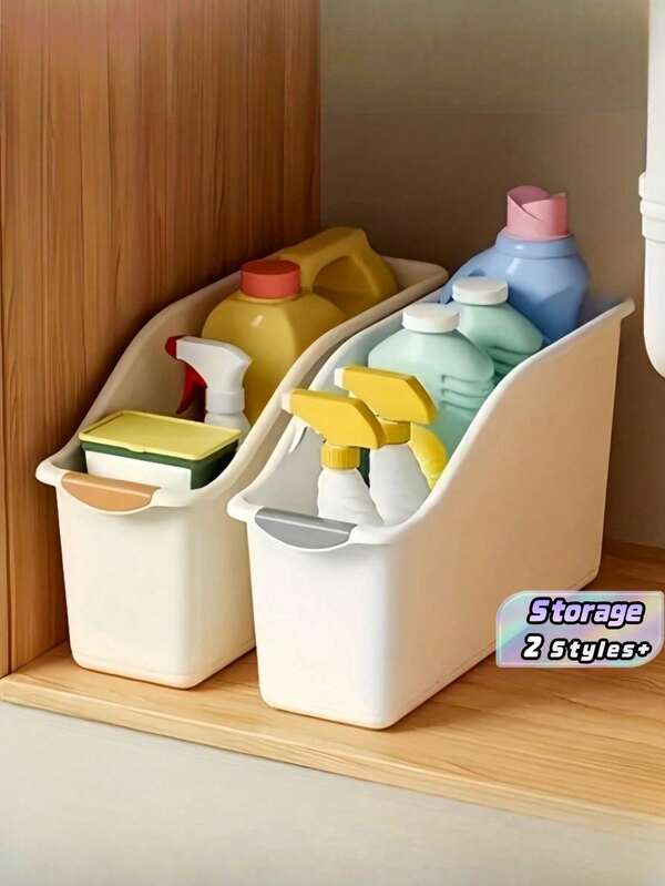 2PCS Strong Plastic Curved Design Space Saving With Lids No Assembly Required White Storage Bins For Kitchen Cabinet Under Sink Bathroom Home Organization Multipurpose