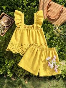 Sparklyn Girls' Summer Hollow Out 2 Pieces Set, Flutter Sleeve Cami + Matching Shorts, Exquisite Lace Trim On Top And Bottom, Detailed Design, Loose Fit, Suitable For Daily Wear And Outings - Yellow - View 2