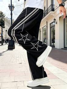 Manfinity Hypemode Men's Casual Versatile Daily Travel Long Pants With Pocket, Star Print And Color Block Design - Black - View 7