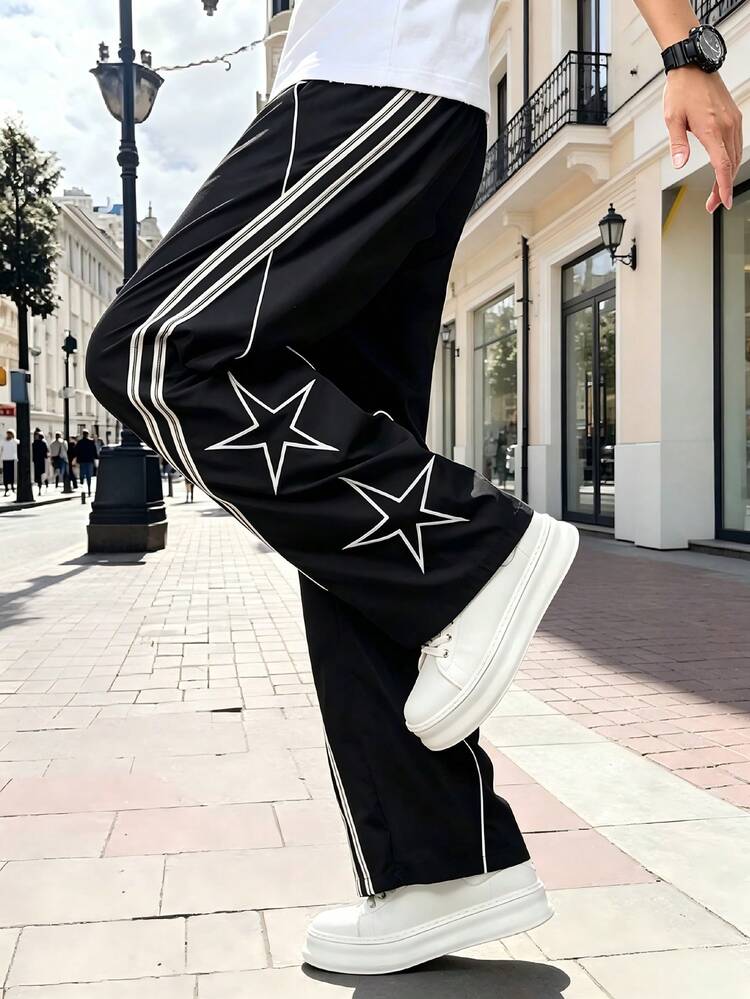 Manfinity Hypemode Men's Casual Versatile Daily Travel Long Pants With Pocket, Star Print And Color Block Design - Black - View 7