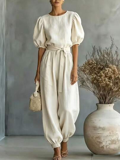 SHEIN Holidaya Women's Minimalist Pure Cream White French Lazy Commuter Jumpsuit, Puff Sleeve + Cuffed Leg Elegant Jumpsuit, Soft Skin-Friendly Fabric, Suitable For Spring/Summer Daily Commute, Coffee Dates, Weekend Shopping, And Light Vacation Casual Wear, Balancing Workplace Professionalism With Casual Comfort And Relaxation