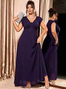 Elenzga Plus Size Women's Elegant Shirred Pleated Front Waist Gathered Design Cap Sleeve Dress - Purple - View 3