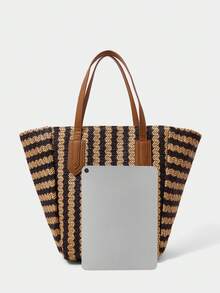 SHECARRY Bolso tote de mujer de moda de paja tejida a rayas, negro + caqui, color de contraste retro, bolso de hombro simple y ligero de gran capacidad, adecuado para compras, vacaciones de verano, viajes, playa, , combinación bohemia - Raya - Ver 6