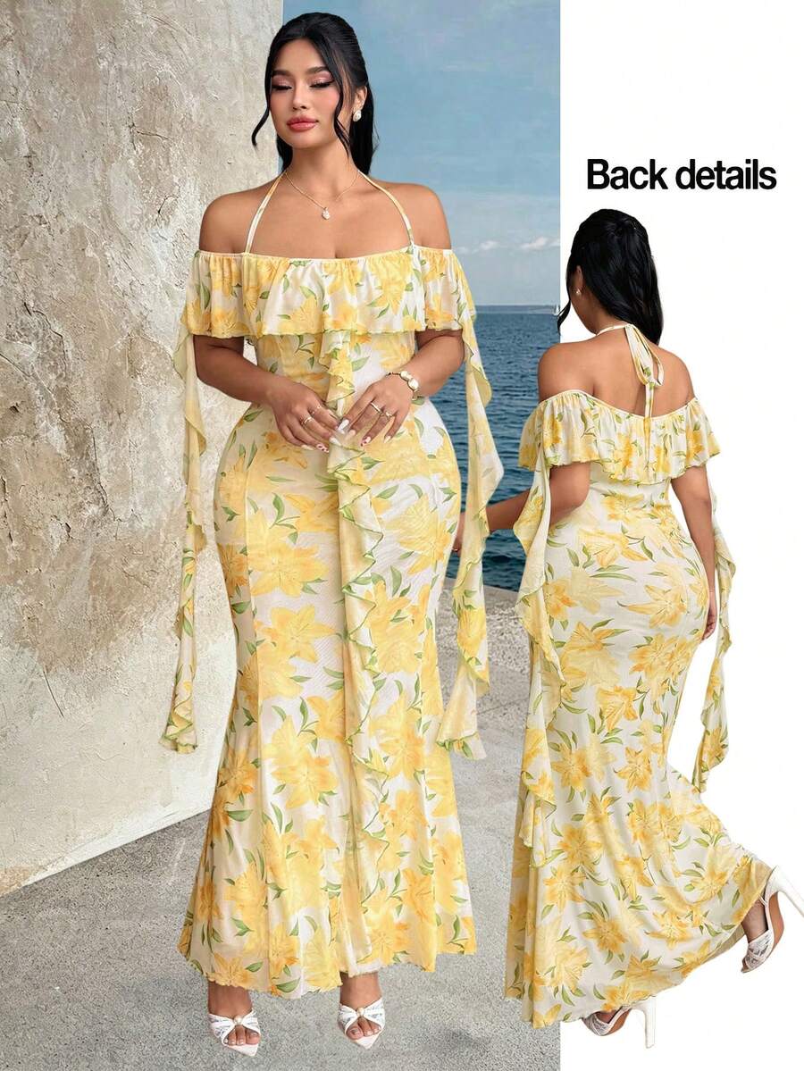 Modelyn 優雅滿版印花露肩荷葉邊修身合身大尺碼春夏季洋裝 - 彩色 - 查看 1