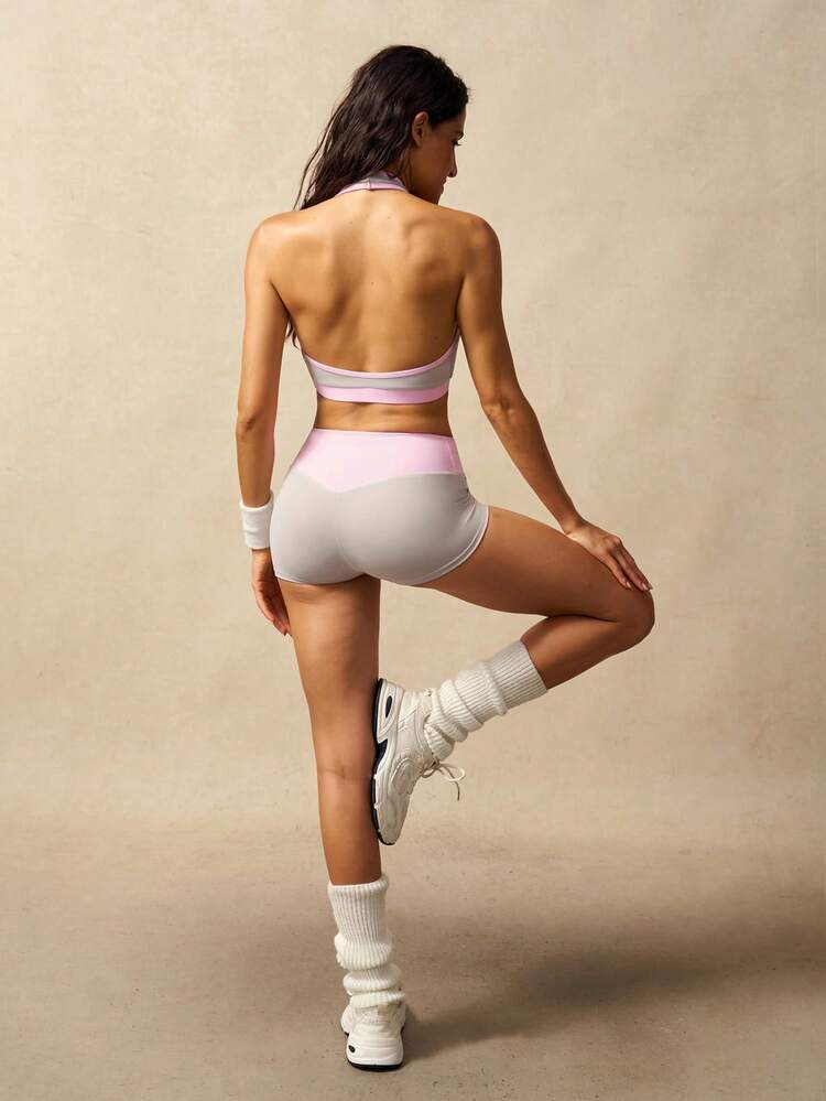 VARSIVA Conjunto deportivo de top corto con cuello halter y shorts con bloques de color para mujer - Multicolor - Añade 6