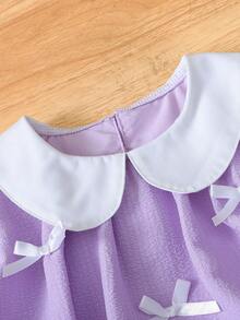 SHEIN Genkimix Kids 2件組少女 3D蝴蝶結裝飾休閒時尚彼得潘領無袖上衣 + 休閒時尚純色鬱金香短褲 - 紫色 - 查看 4