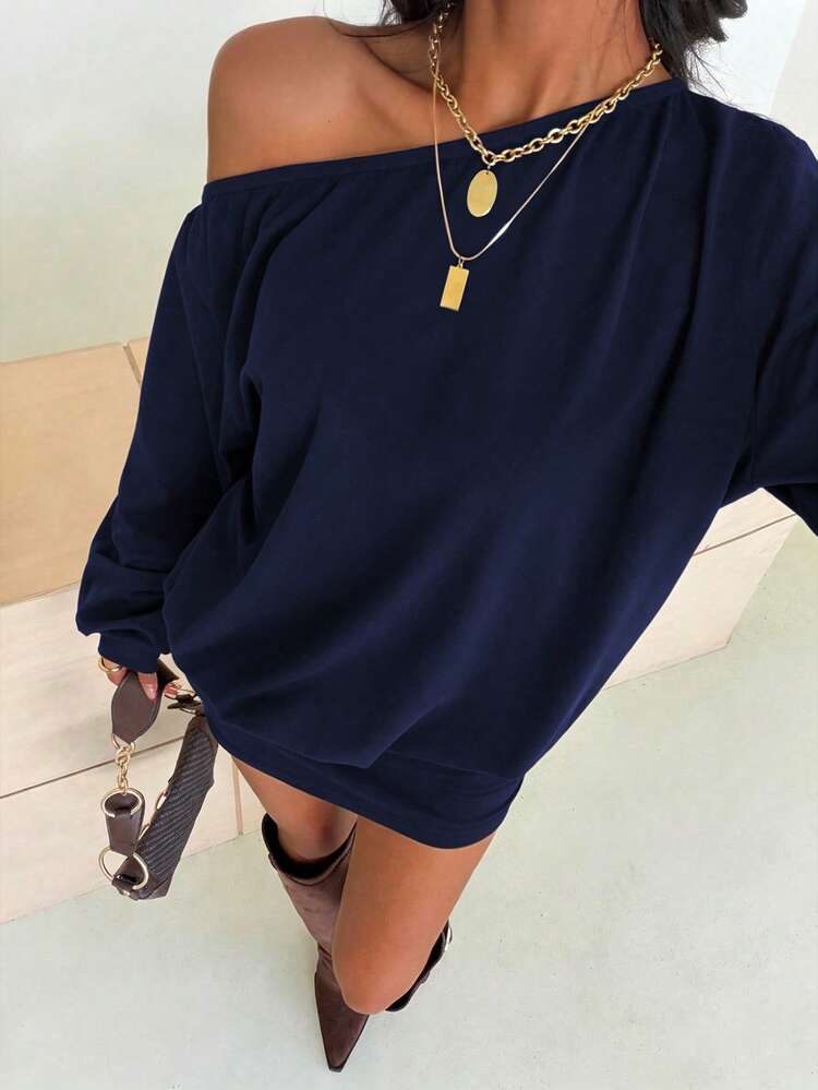 Flirla Navy Blue Eyelet Trim Asymmetric One-Shoulder Lantern Long Sleeve Cinched Waist Bodycon Mini Dress For Women Autumn Winter Elegant Sexy Night Out Club - Navy Blue - View 4